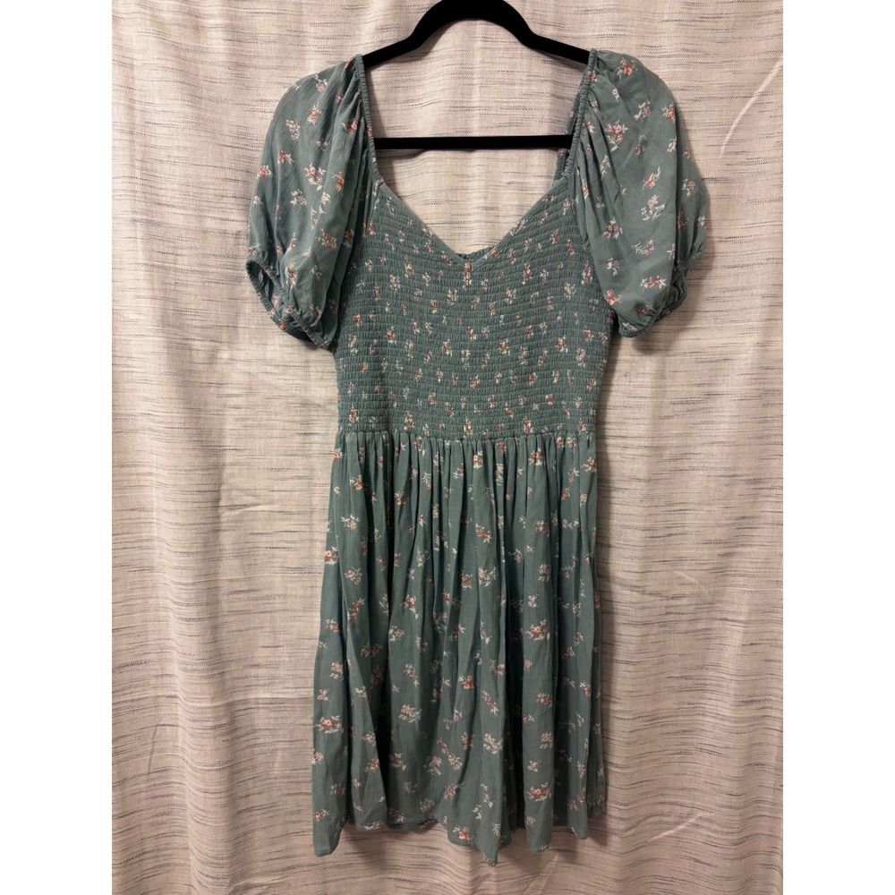 American Eagle Floral Smocked Puff Sleeve Mini Dress Blue Green Medium